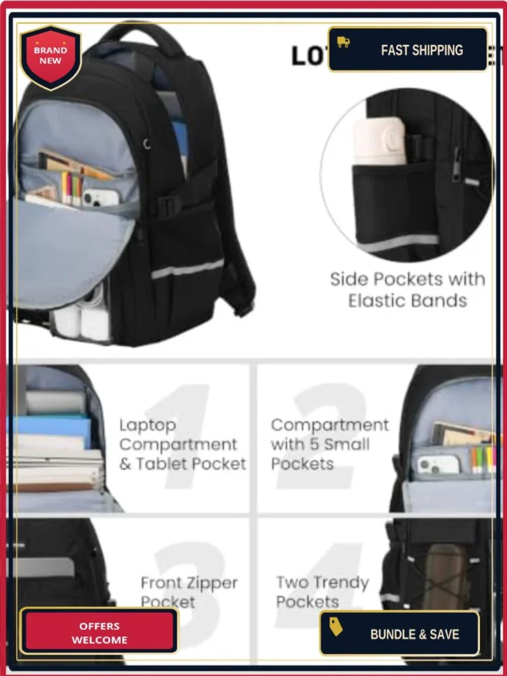 Backpack for School Teens and Adults, College Bookbag with USB Charging Port,